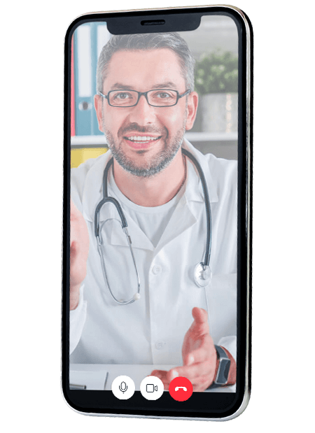 Celular com um médico online em atendimento