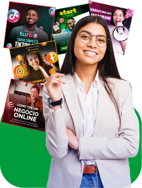 Mulher com roupa social apontando para diversas thumbs de cursos atrás de si