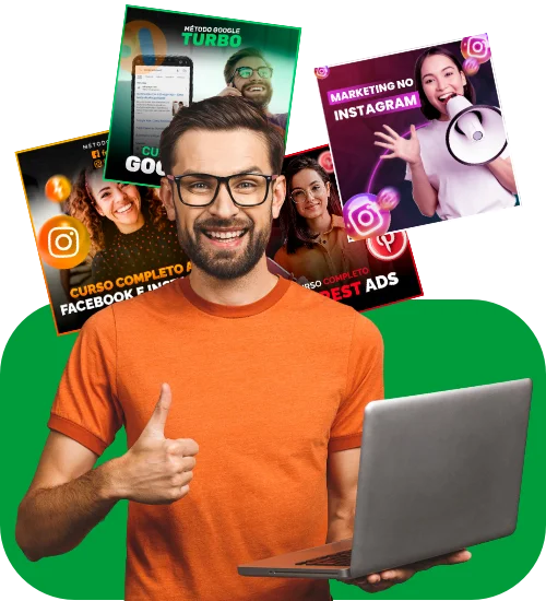 Homem segurando laptop com várias thumbnails de cursos atrás dele