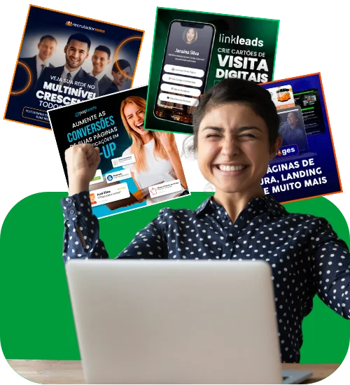 Mulher celebrando com laptop e várias thumbnails de ferramentas atrás de si